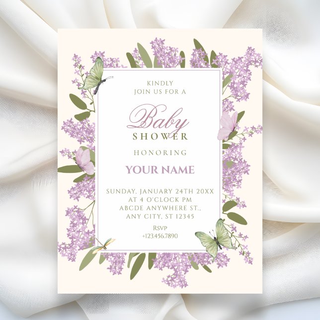 Invitation Fête de naissance bébé shower florale violette (Créateur téléchargé)