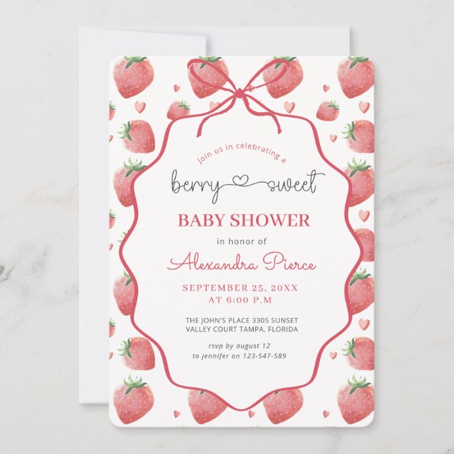 Invitation Fête de naissance Bébé Sucrée aux fraises à l'aqua (Devant)