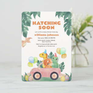 Invitation Fête de Naissance Bébé Voiture Dinosaure Tropical 