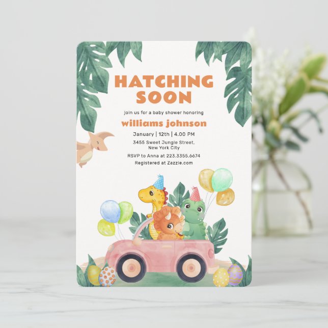 Invitation Fête de Naissance Bébé Voiture Dinosaure Tropical  (Debout devant)