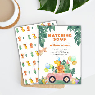 Invitation Fête de Naissance Bébé Voiture Dinosaure Tropical