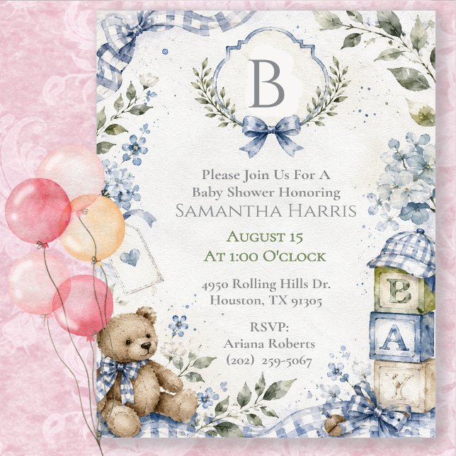 Invitation Fête de naissance Blue Boy Bébé Monogrammé  (Créateur téléchargé)