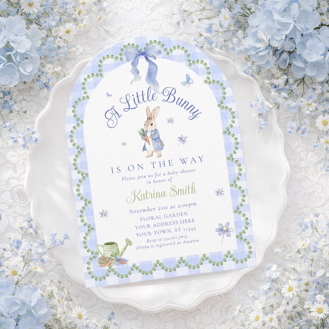 Invitation Fête de naissance Blue Bunny Rabbit Gingham (Créateur téléchargé)