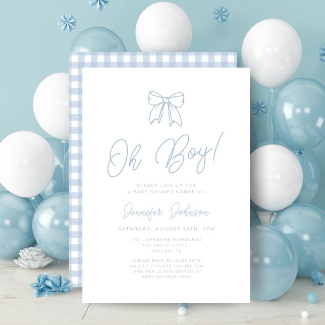 Invitation Fête de naissance Blue G|ingham Bow Oh Boy Baby (Cute Blue Coquette Bow Boy Baby Shower Invitation)