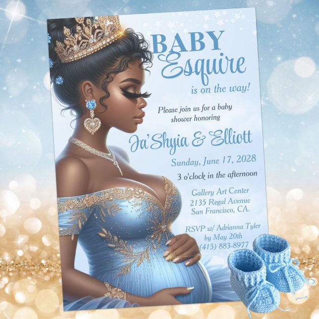 Invitation Fête de naissance Blue Gold Royal Black pour futur (Pregnant African American Woman Elegant Blue & Gold Royal Baby Shower Invitation )