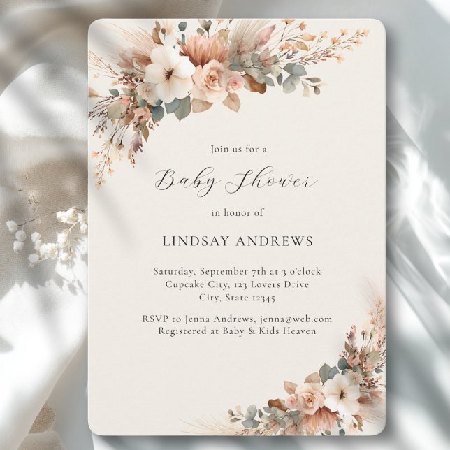 Invitation Fête de naissance Bohème Florale Herbe de Pampas B (Boho Floral Pampas Grass Beige Baby Shower Invitation)