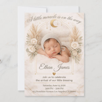 Invitation Fête de Naissance Bohème Florale Lune Bébé Neutre