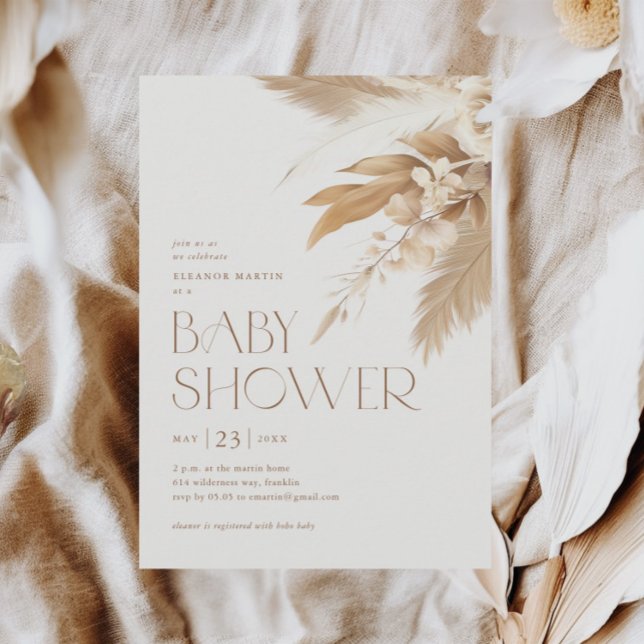 Invitation Fête de naissance Bohème neutre Herbe des Pampas (Pampas Grass Elegant Boho Baby Shower Invitations.)