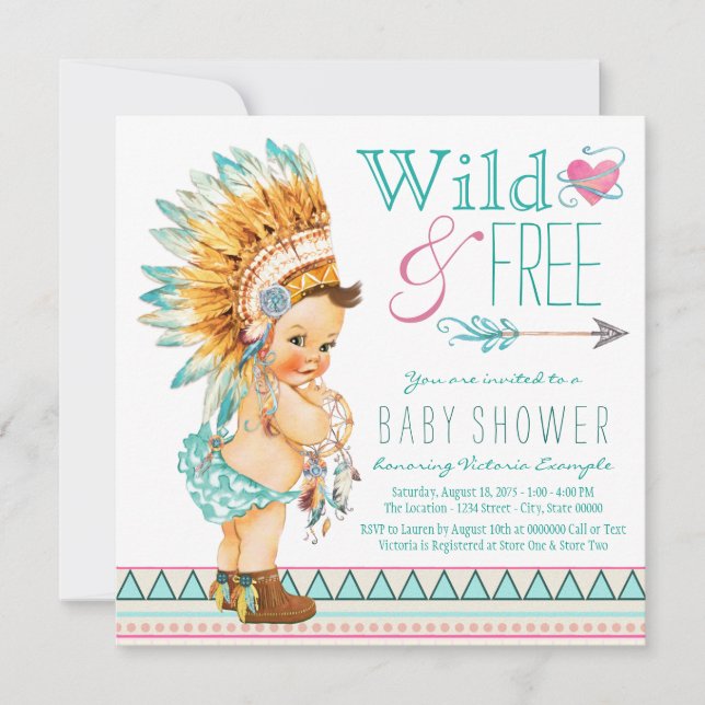 Invitation Fête de naissance Bohème Tribale pour Bébé Fille (Devant)