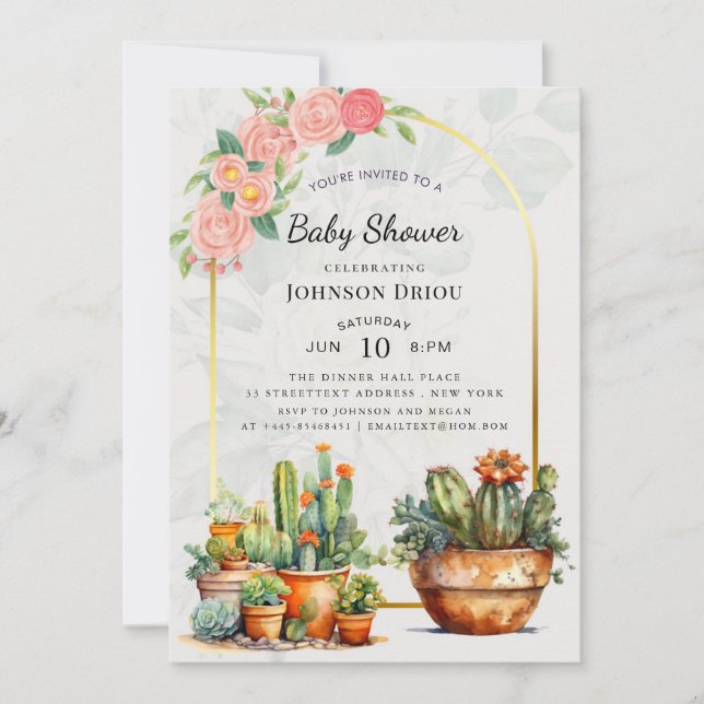 Invitation Fête de naissance Boho Cactus (Devant)