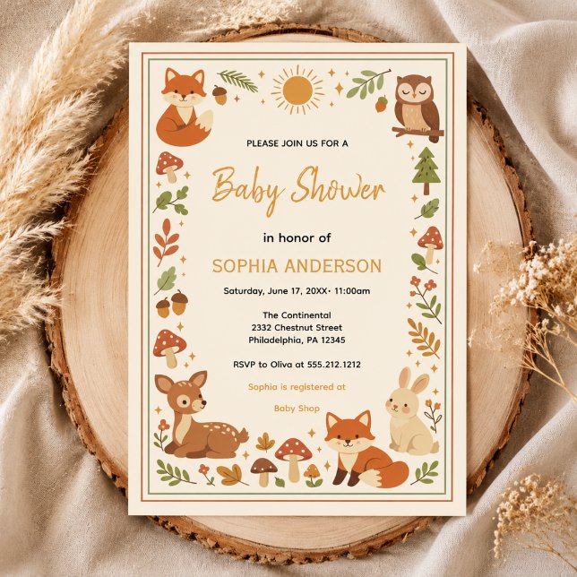 Invitation Fête de naissance Boho Forestière | Animaux de la  (Boho Woodland Baby Shower | Rustic Forest Animals Invitation)