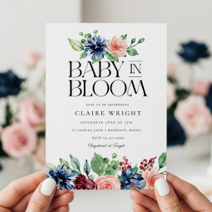 Invitation Fête de naissance Boho Navy Rose Floral Baby in Bl