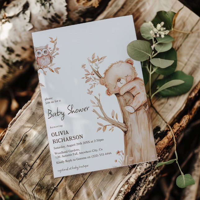 Invitation Fête de naissance Boho ours et arbre en forêt (Créateur téléchargé)