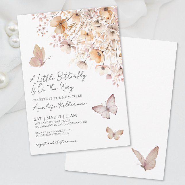 Invitation Fête de naissance Boho Papillon Fleur Sauvage (Butterfly Wildflower Baby Shower Invitation)