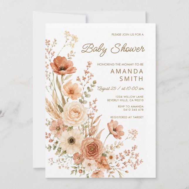 Invitation Fête de naissance Boho Wildflower Bébé Automne (Devant)