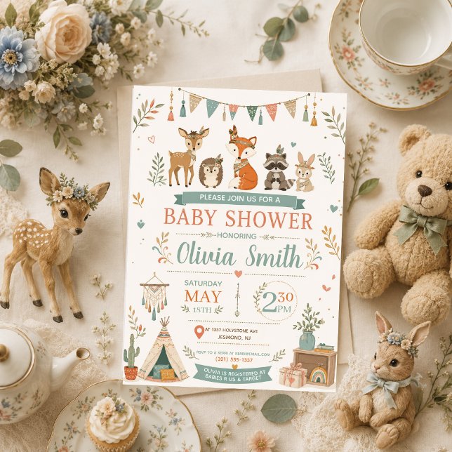 Invitation Fête de naissance Boho Woodland Animaux de la forê (Créateur téléchargé)