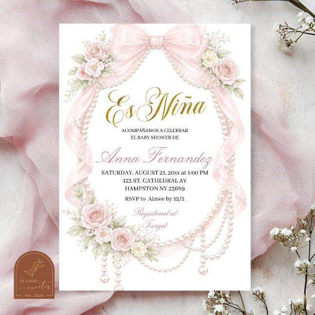 Invitation Fête de naissance Bow et Perle espagnole Es Nina (Créateur téléchargé)