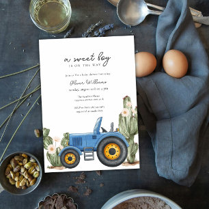 Invitation Fête de naissance Cactus Tracteur Bleu Désert