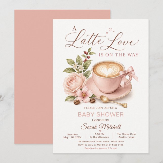 Invitation Fête de Naissance Café Amour Latte (Devant / Derrière)