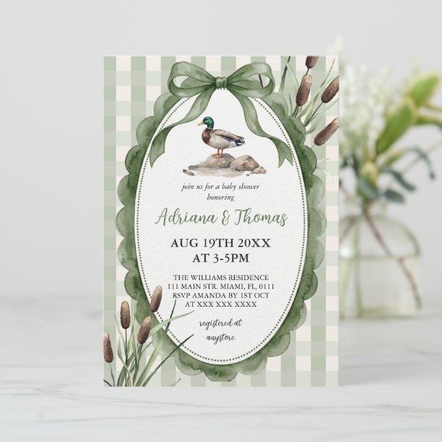 Invitation Fête de naissance Canard Colvert Gingham Vert  (Debout devant)