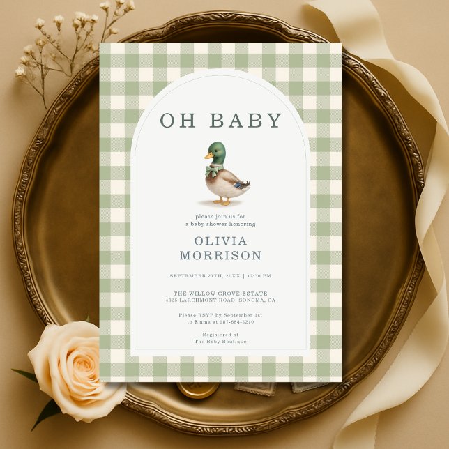 Invitation Fête de Naissance Canard Colvert Gingham Vert Saug (Créateur téléchargé)