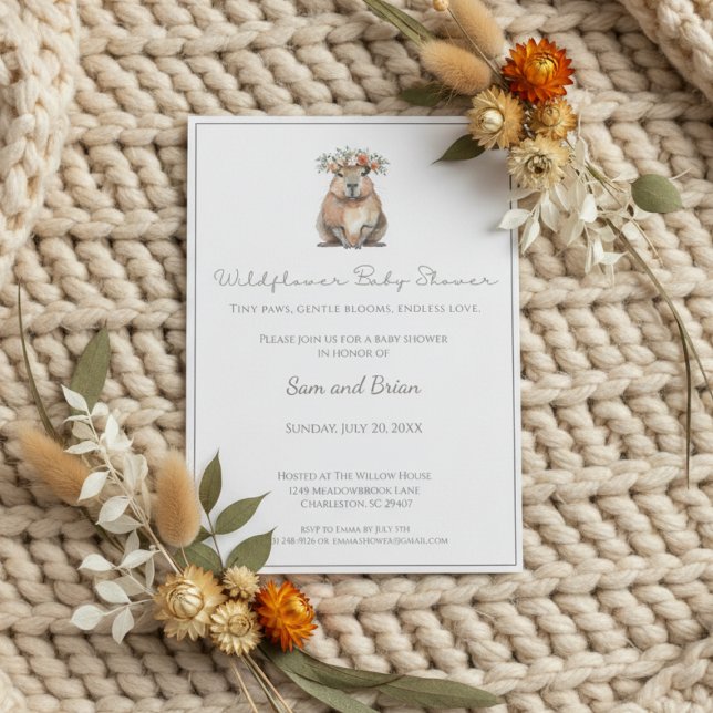 Invitation Fête de naissance Capybara • Bohème Wildflower (Boho baby shower invitation with watercolor capybara and floral crown on cream knitted blanket)