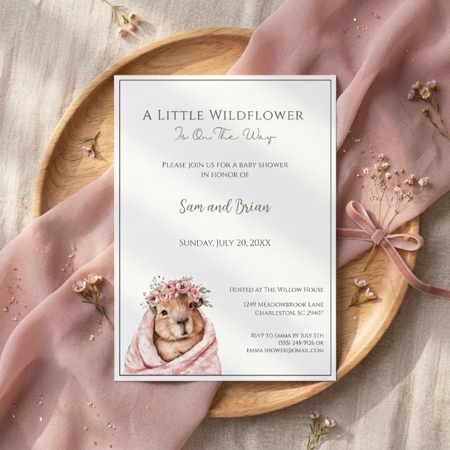 Invitation Fête de naissance Capybara • Petite fleur sauvage (Capybara Baby Shower • Little Wildflower Invitation)
