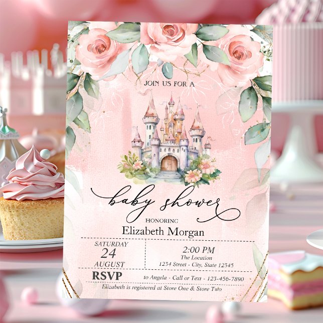 Invitation Fête de naissance Château Floral Roses Roses  (Créateur téléchargé)