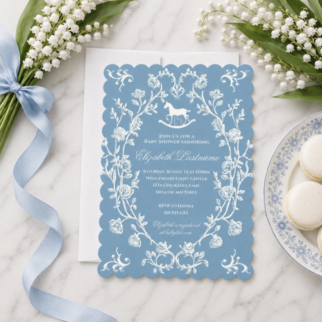 Invitation Fête de naissance Cheval à bascule Bleu Wedgwood V (Preppy Wedgewood Blue Baby Shower Invitation)