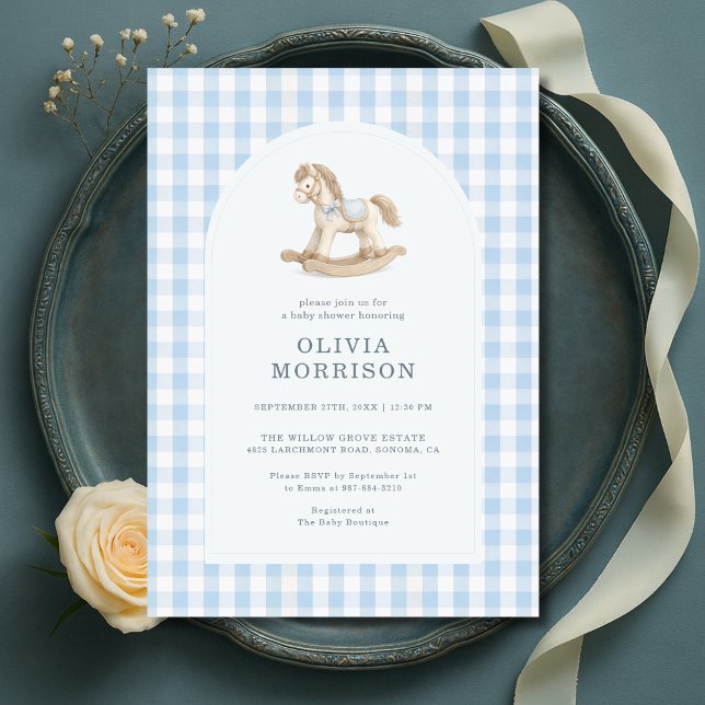 Invitation Fête de Naissance Cheval à Bascule Gingham Bleu (Créateur téléchargé)