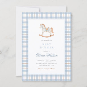 Invitation Fête de naissance Cheval à Bascule Gingham Bleu Vi