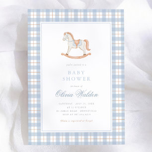 Invitation Fête de naissance Cheval à Bascule Gingham Bleu Vi