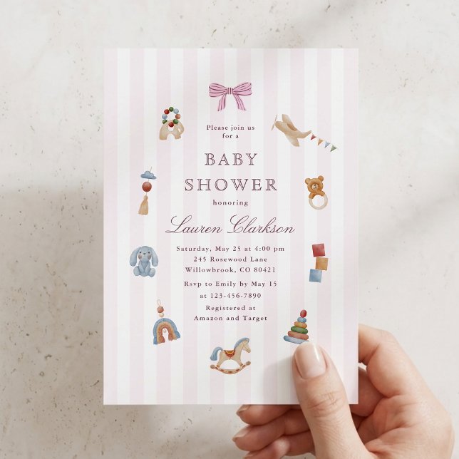 Invitation Fête de naissance Cheval à bascule rayé rose éléga (Créateur téléchargé)