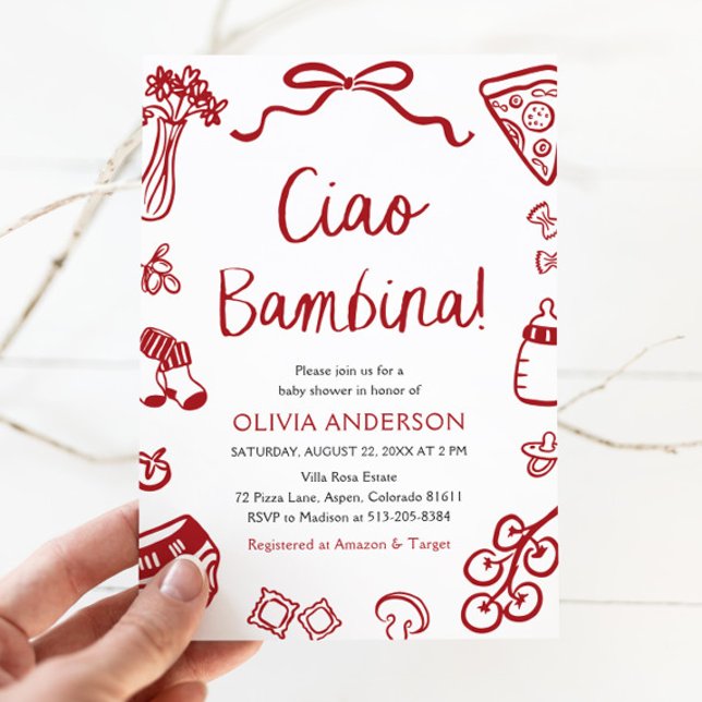 Invitation Fête de naissance Ciao Bambina Fille Caprice (Watercolor Ciao Bambina Whimsical Italian Pizza Baby Shower Invitation)