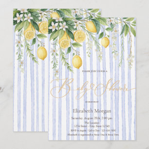 Invitation Fête de naissance Citrons en fleurs rayures bleues