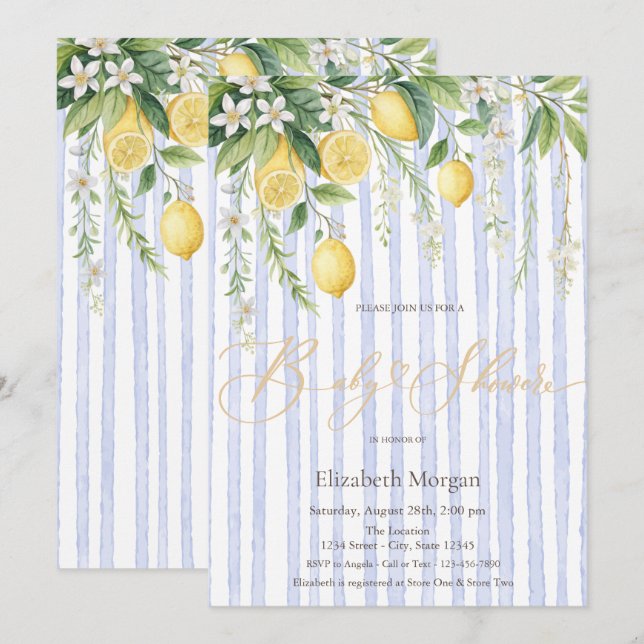 Invitation Fête de naissance Citrons en fleurs rayures bleues (Devant / Derrière)