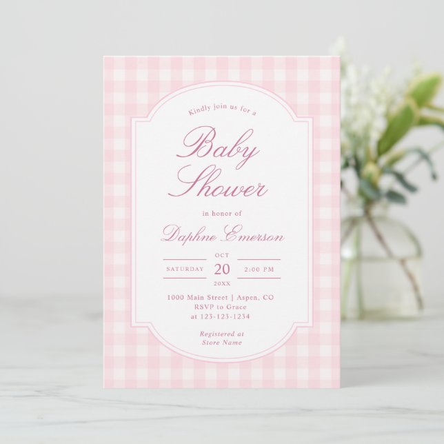 Invitation Fête de Naissance Classique à Carreaux Roses (Debout devant)