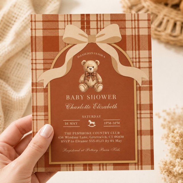 Invitation Fête de Naissance Classique Ourson à Carreaux Prép (Classic Preppy Teddy Bear Plaid Baby Shower Invitation)