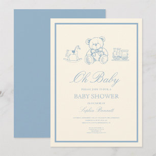 Invitation Fête de naissance classique ourson bleu pastel