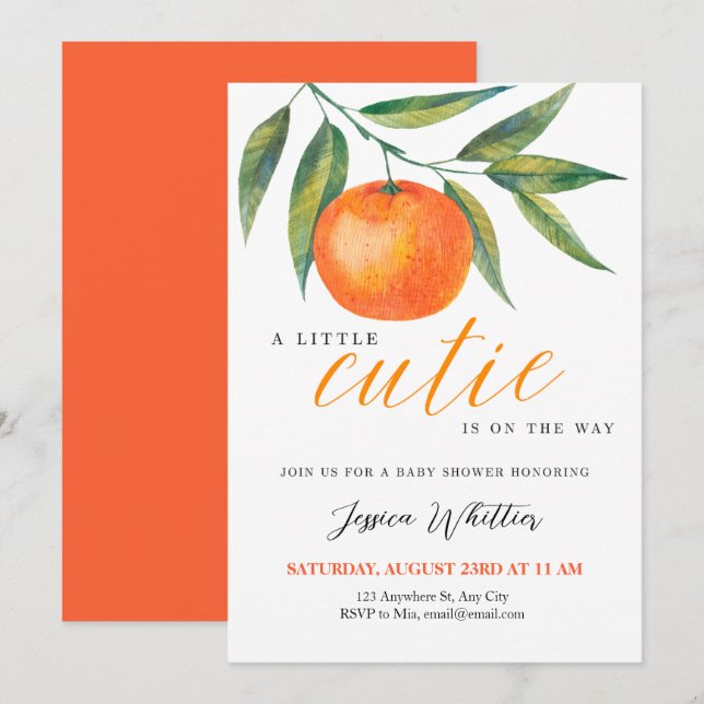 Invitation Fête de naissance Clementine Watercolor "Cutie" (Devant / Derrière)