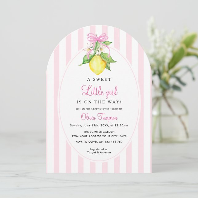 Invitation Fête de naissance Coquette Lemon Rose (Debout devant)
