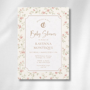 Invitation Fête de naissance Cottagecore Fleurs Rose Sauge Or