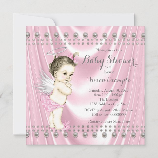 Invitation Fête de naissance d'ange bébé Satin et Perle Bébé (Devant)
