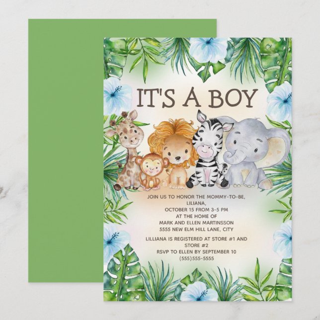Invitation Fête de naissance d'animaux de safari de jungle mi (Devant / Derrière)