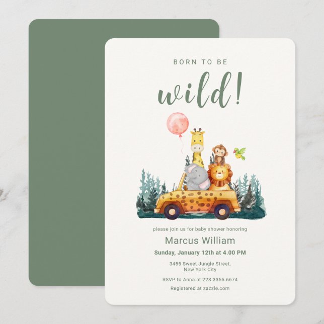 Invitation Fête de naissance d'animaux de safari Nés pour êtr (Devant / Derrière)