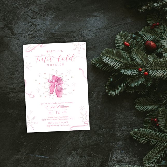 Invitation Fête de naissance de ballerine flocon de neige ros (Pink Winter Snowflake Ballerina Baby Shower Invitation)