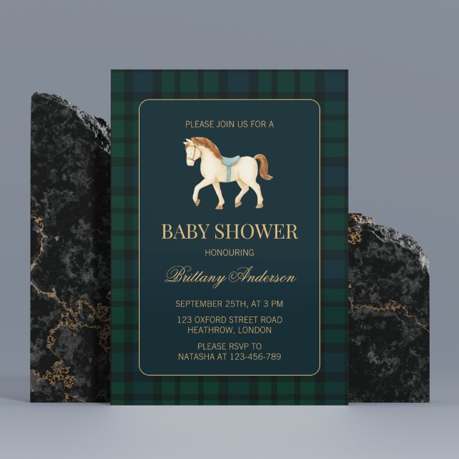 Invitation Fête de naissance de bébé Cheval Tartan Plaid Rust (Créateur téléchargé)