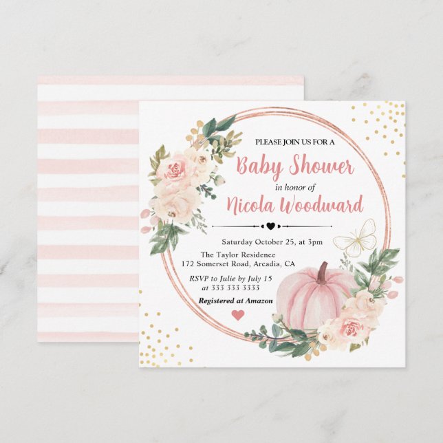 Invitation Fête de Naissance de bébé Citrouille Florale Rose  (Devant / Derrière)