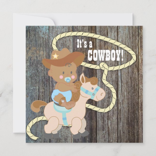 Invitation Fête de naissance de bébé cowboy en bois de grange (Devant)