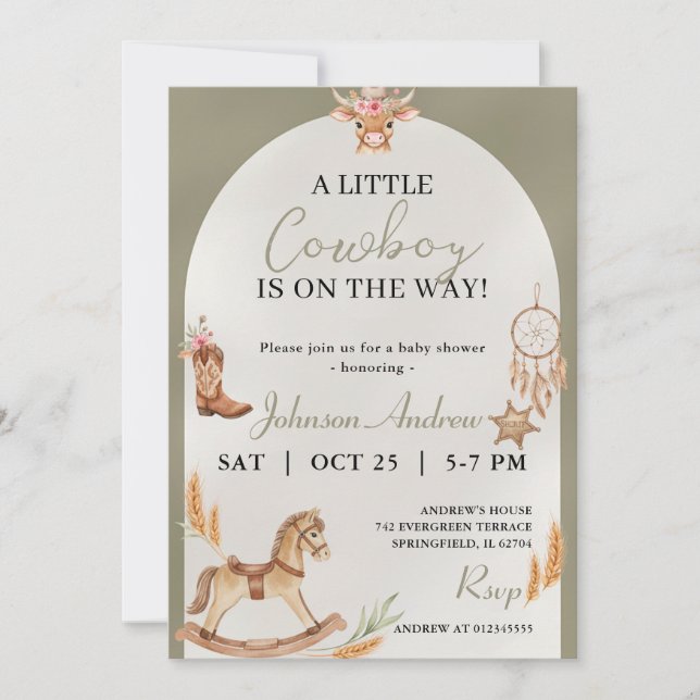 Invitation Fête de naissance de bébé cowboy personnalisée (Devant)